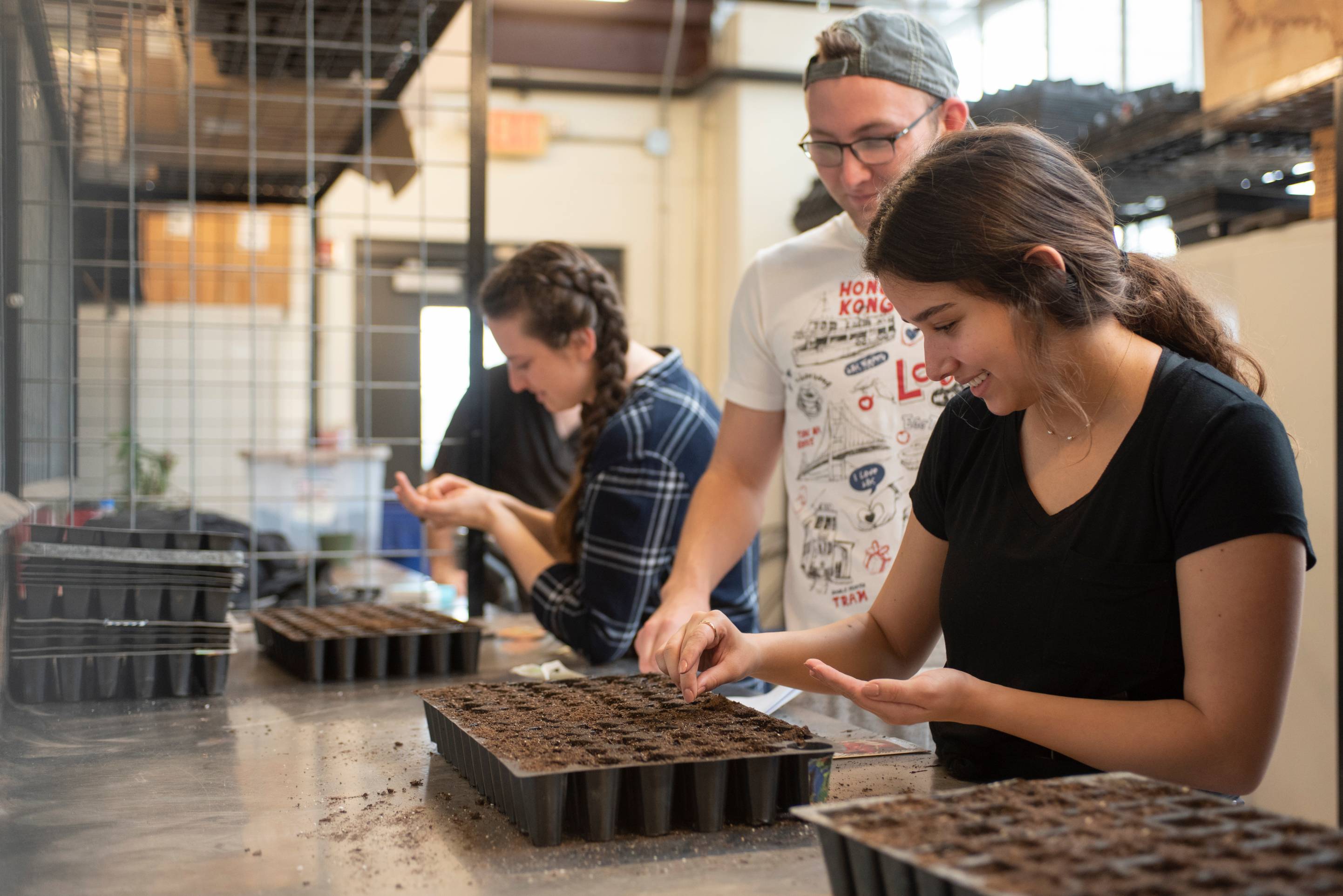 students in a greenhouse work room seeding trays