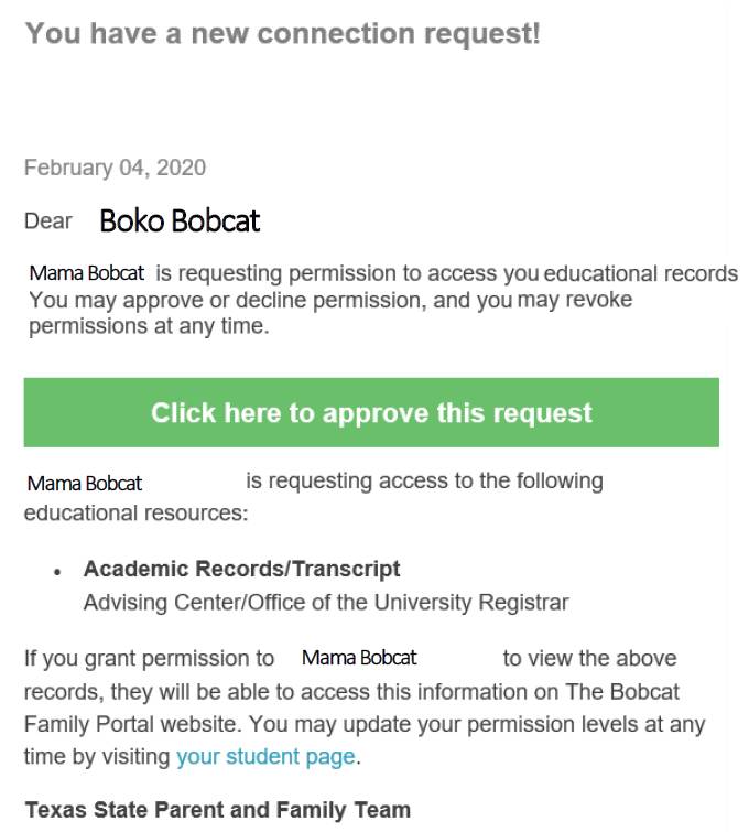 Email Request for Bobcat Parent Portal