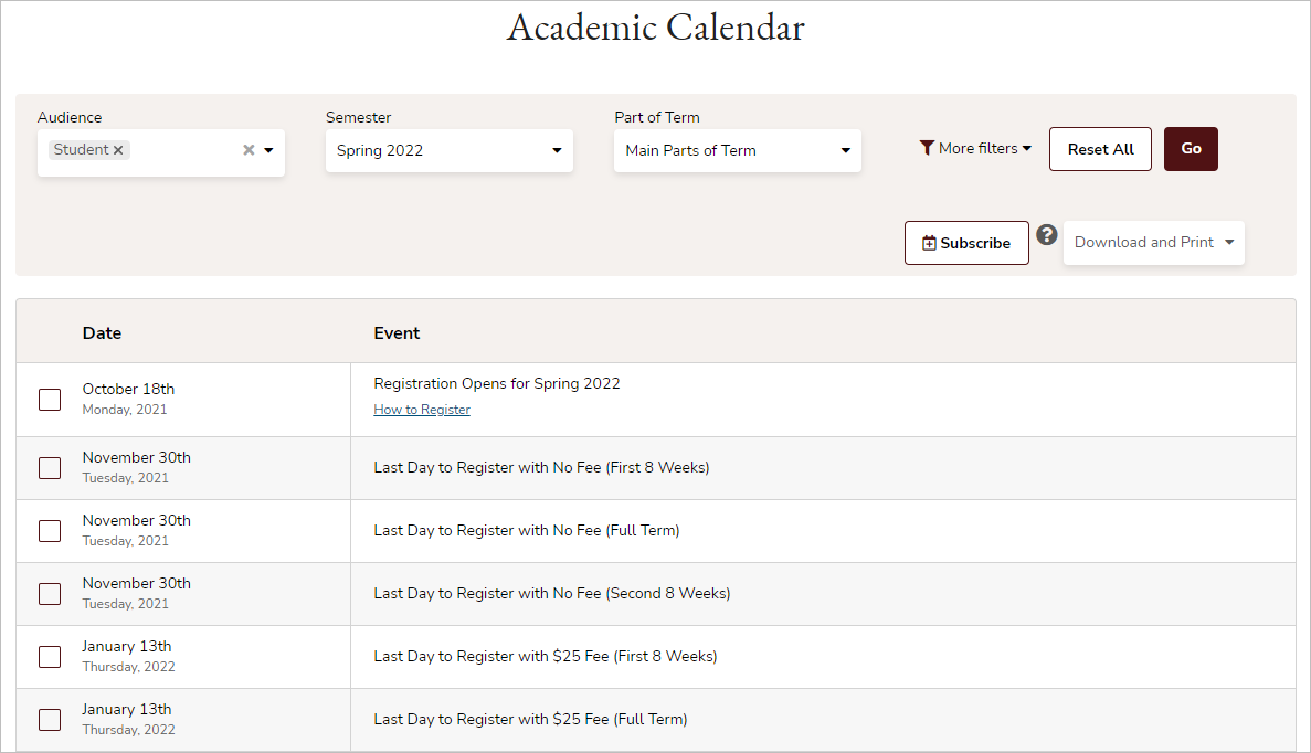 Academic Calendar Tutorial : Office of the University Registrar