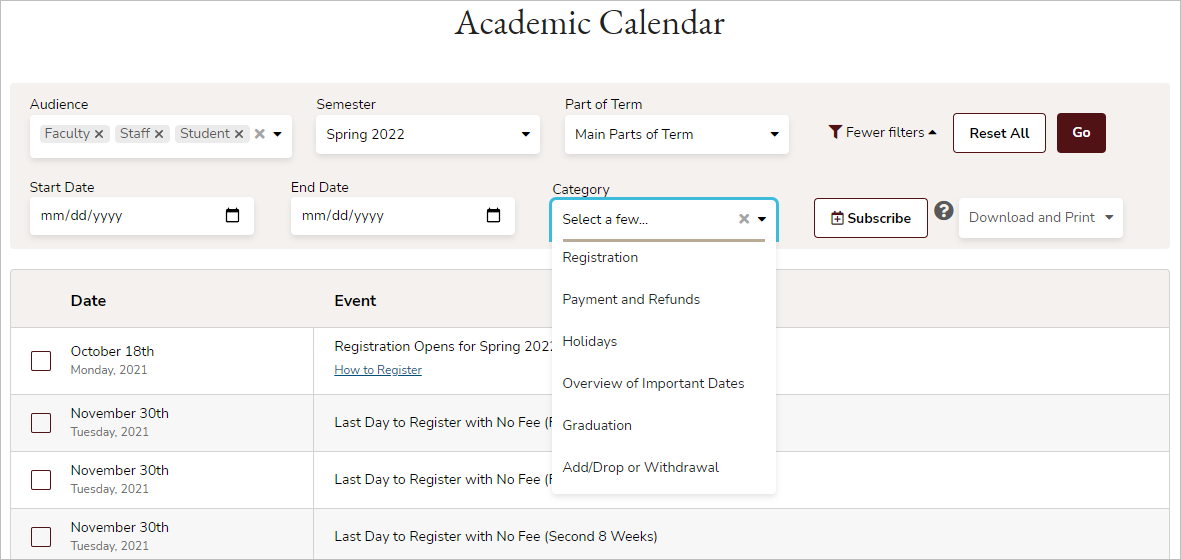 Academic Calendar Tutorial : Office of the University Registrar