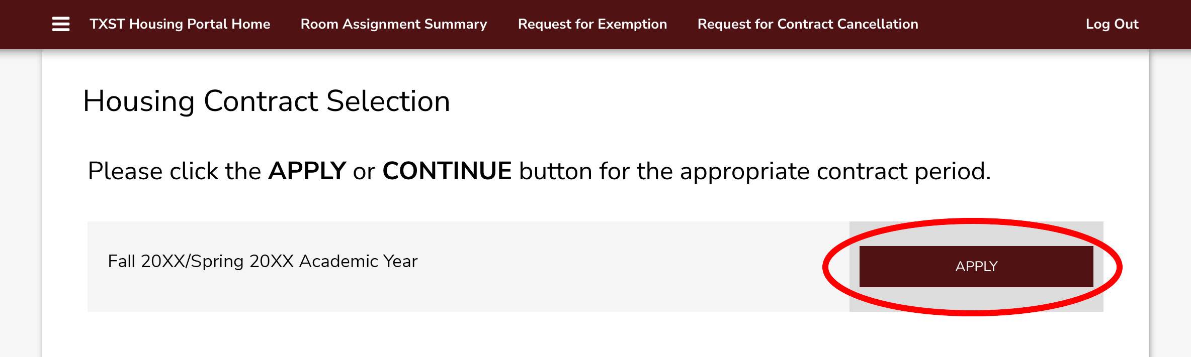 Screenshot of Housing Contract Selection page in the Housing Portal.