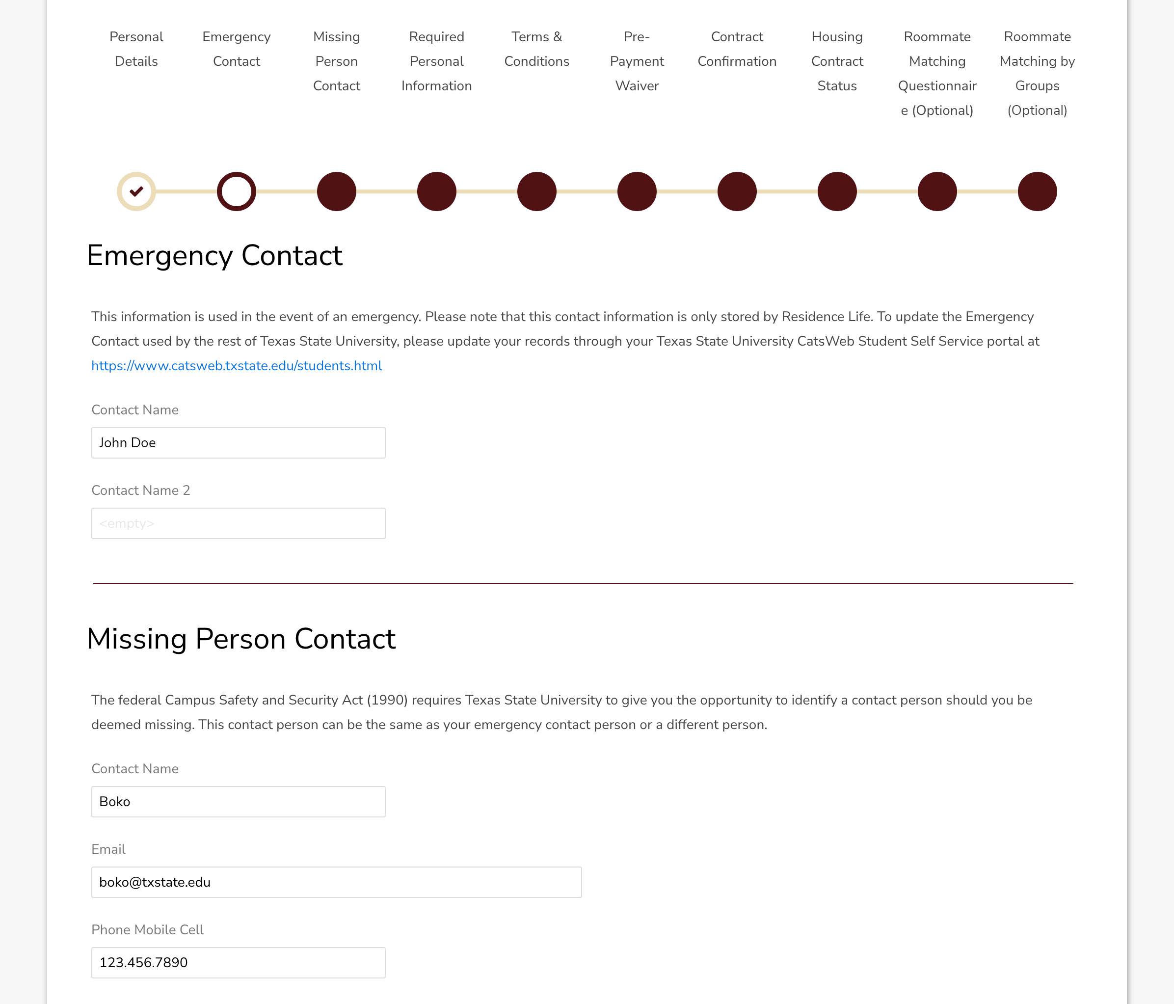 Screenshot of Emergency Contact page and Missing Person Contact page in the Housing Portal.