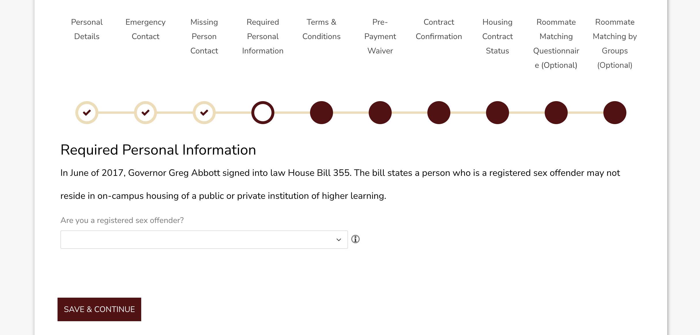 Screenshot of Required Information page in the Housing Portal.
