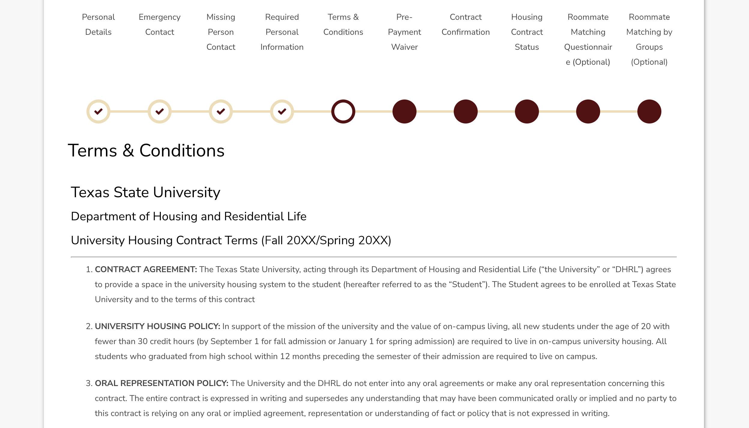 Screenshot of Terms & Conditions page in the Housing Portal.