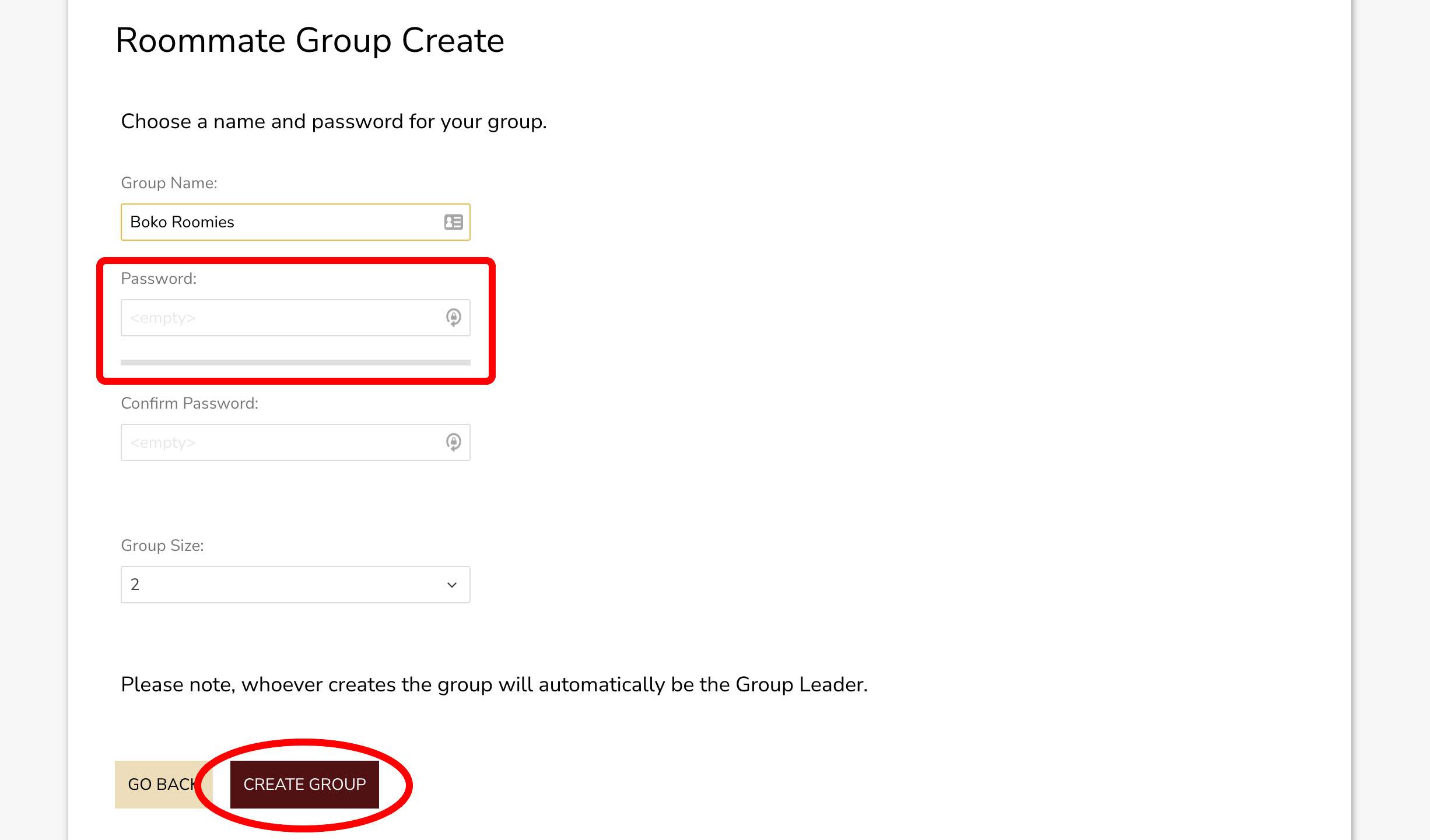 Screenshot of Roommate Group Create page in the Housing Portal.