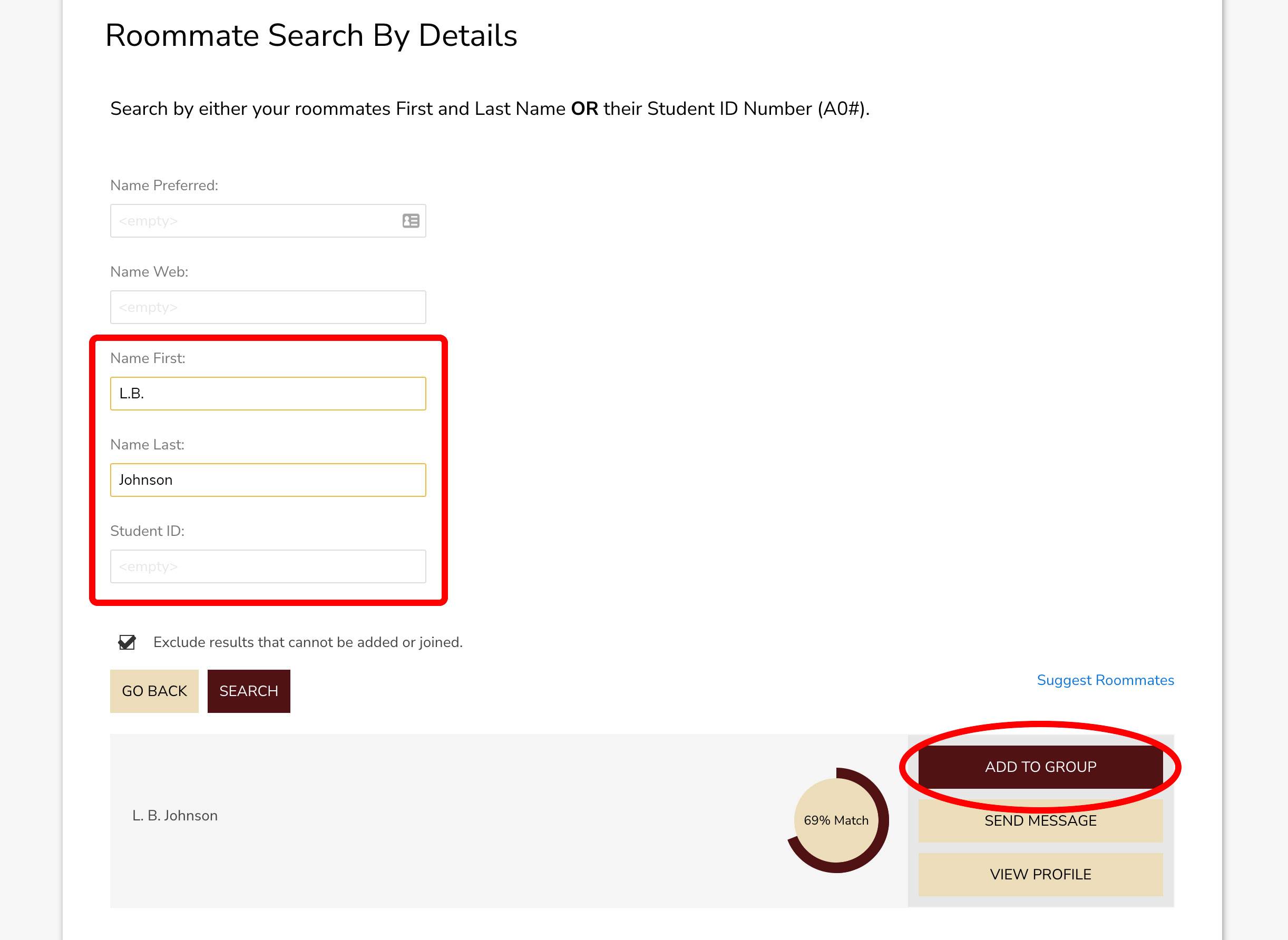 Screenshot of Roommate Search by Details page in the Housing Portal.