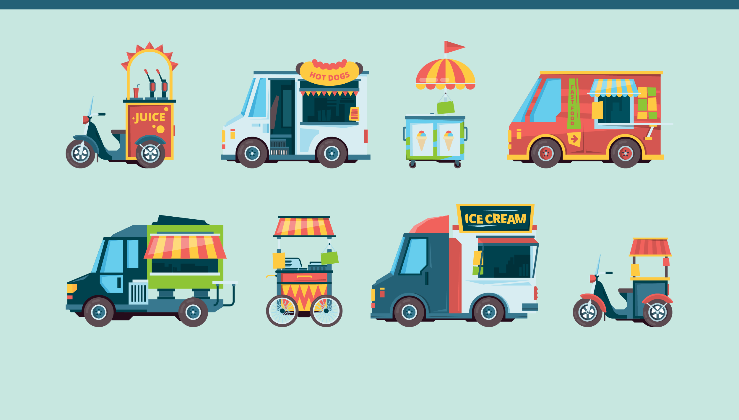 Cartoon picture showing different types of Mobile Food Units, such as food trucks, push carts, and bike carts.