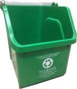Green bin that is used to collect batteries, phones, and ink jets for recycling