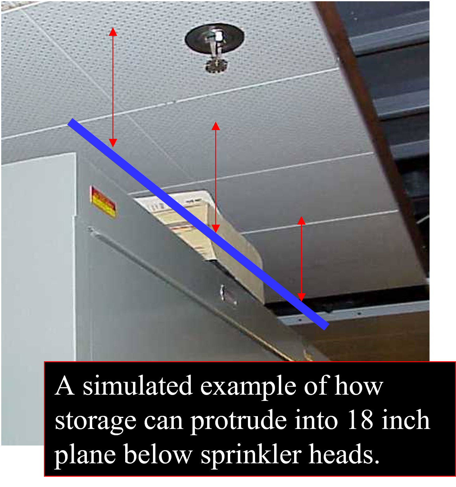 A simulated example of how storage can protrude into 18 inches plane below sprinkler heads