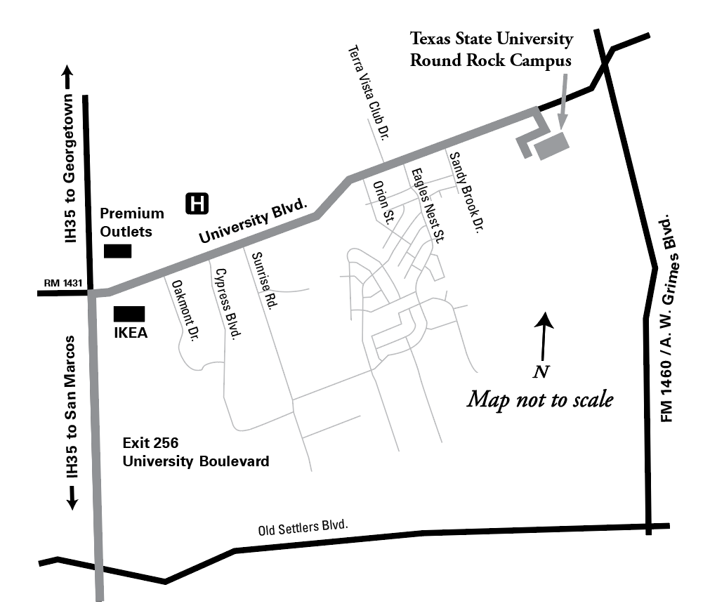 A map to the Round Rock Campus and surrounding areas