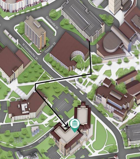 Directions to the Ingram School of Engineering building from the LBJ Student Center