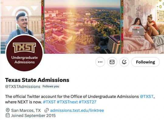 Texas State University Admissions Twitter Profile Header