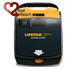 Pictured is a AED LIFEPAK CR Plus Defibrillator. Cube shaped with yellow detailing.