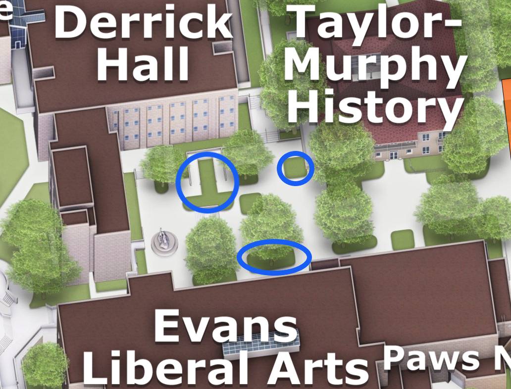 Map of the Quad with blue circles where yard signs are allowed