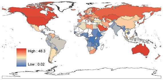 National Average CO2 Emissions. Geographic Disparities and Moral Hazards. © 2011 Samson, J., Berteaux, D., McGill, B. J. and Humphries, M. M.