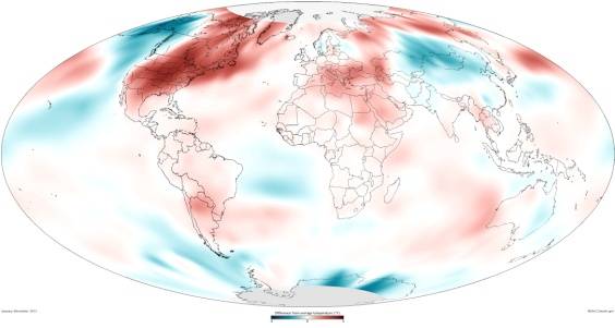 Global Surface Temperatures 2012.  Difference from Average. © 2013 S. Osborne, R. Lindsey, NOAA.
