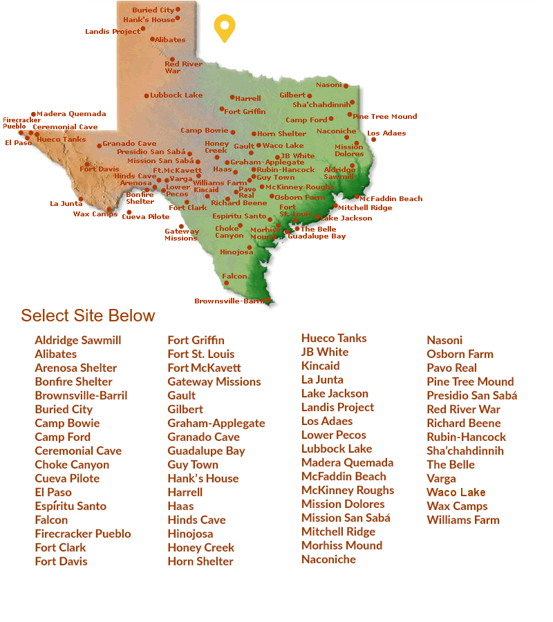 screen shot of interactive map of archaeological sites in Texas from Texas Beyond History