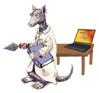 illustration of an armadillo with a lab coat, trowell, book and laptop computer