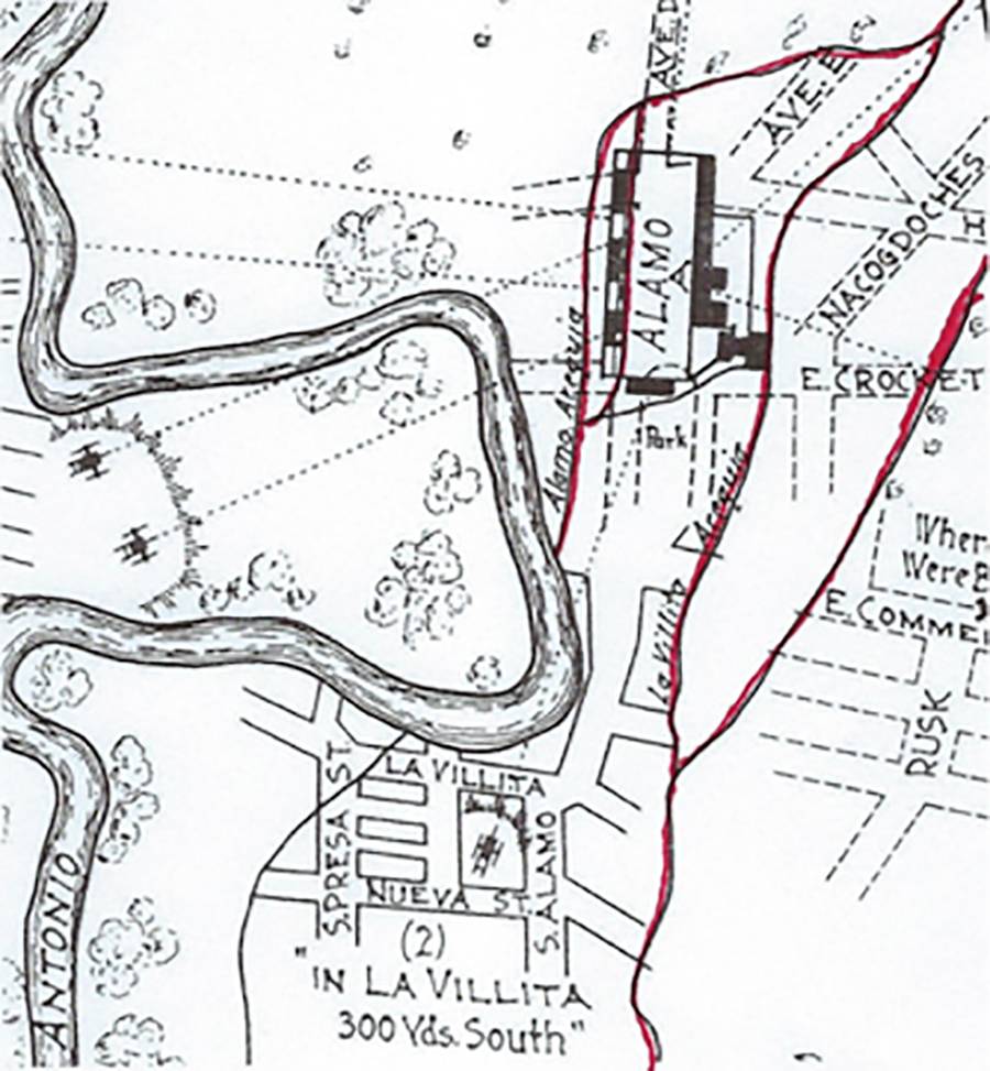 Andrew Jackson Houston’s reconstructed map of the 1719 Acequia Madre at the time of the 1836 battle compiled from earlier maps. (highlighted in red).