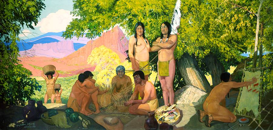 painted mural of Texas Basketmaker native americans