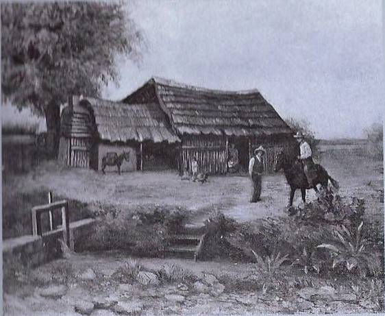historic painting of a household in San Antonio with Acequia