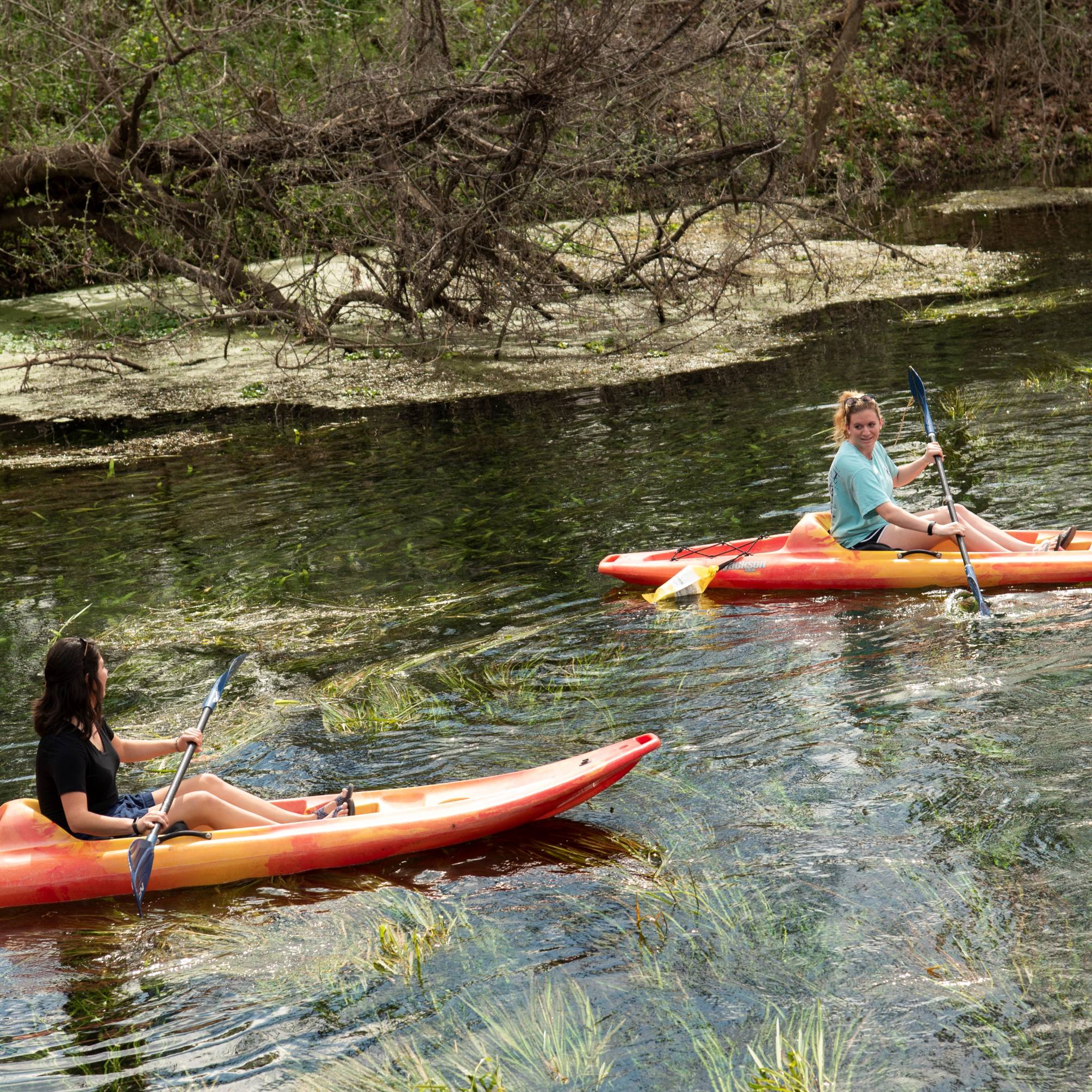 Picture showing two students kayaking down the San Marcos River.