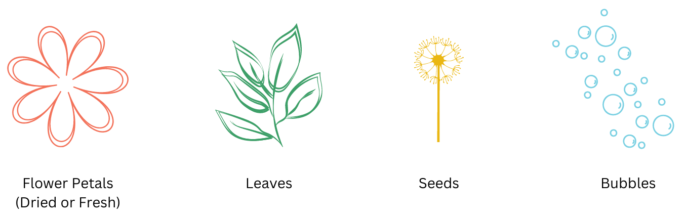 Image showing flower petals (dried or fresh), leaves, seeds from a dandelion, or bubbles as alternatives to confetti. 