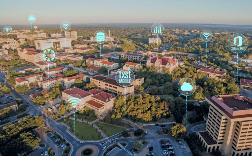 Texas State Campus with labels of technology over buildings