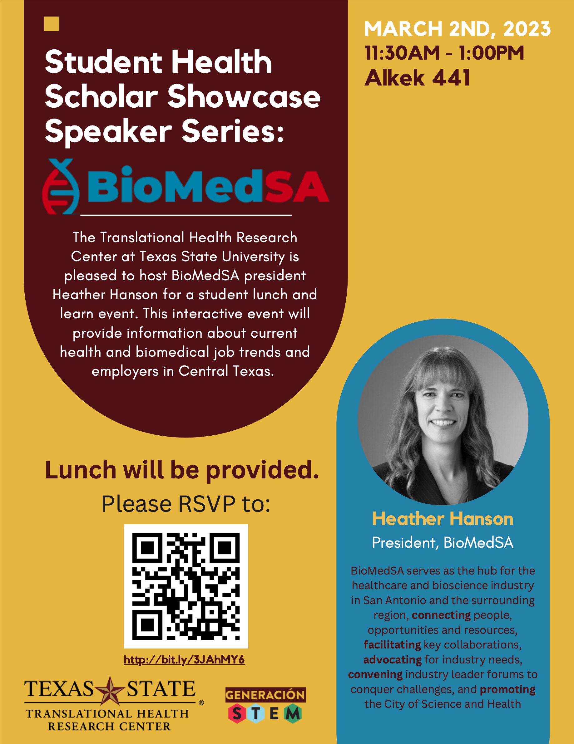 Student Health Scholar Showcase Speaker Series flyer (all info is in the text box to the left)