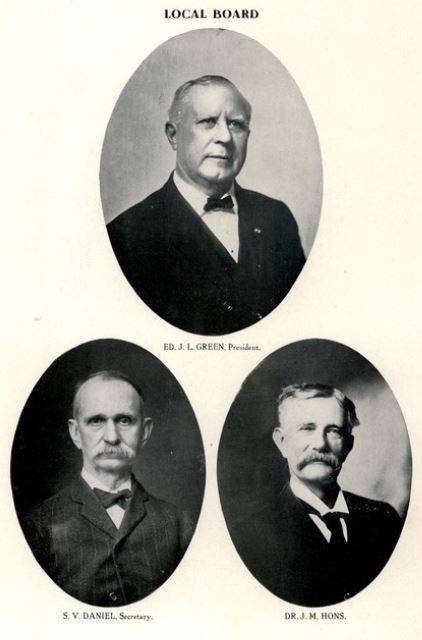 Portraits of the Local Board of Trustees: Ed J.L. Green, S.V. Daniel, and Dr. J.M. Hons