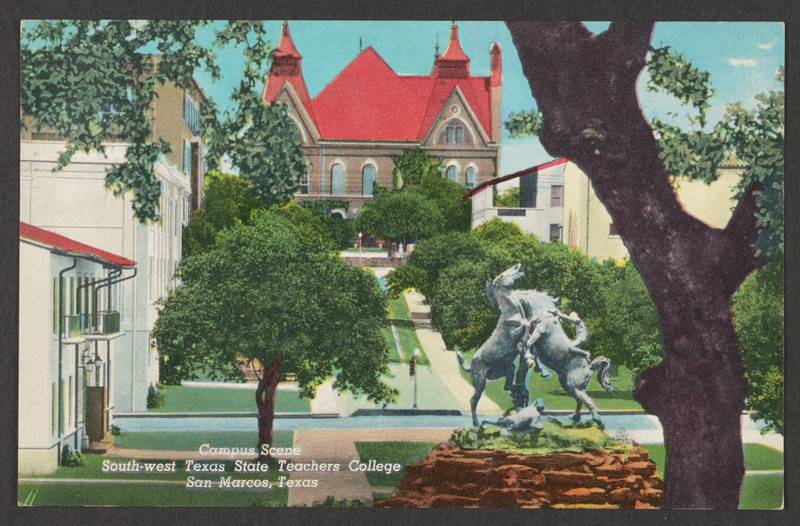 Postcard showing the quad, with the Stallions sculpture in the foreground and Old Main in the backgroun