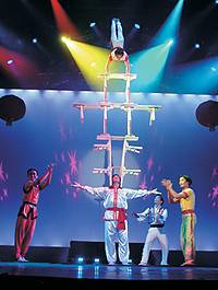 Peking Acrobats performing a stunt.