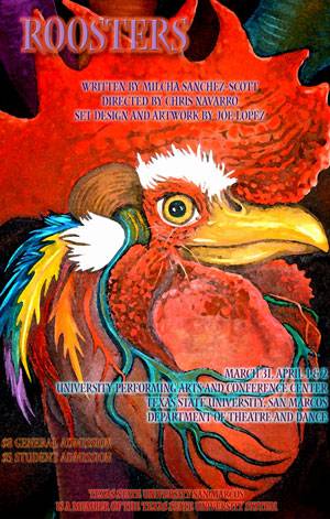 Flyer for the Roosters performance that has a big rooster on it.