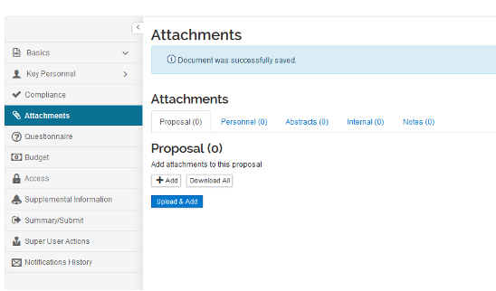 Attachments: This section holds proposal documents. When using Firefox, attachments can be dragged and dropped into the screen.