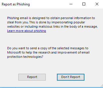 "Report as phishing" confirmation screen shot