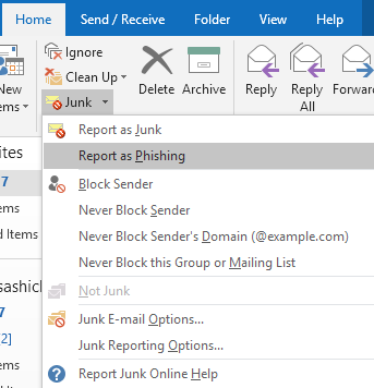 "Report as phishing" for Outlook in Windows screen capture