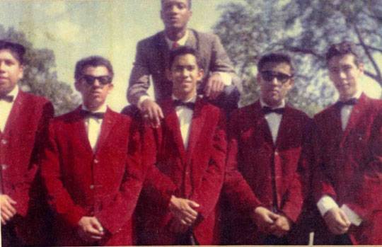 The Dell-Kings from San Antonio, ca. 1961. Ernie is second from the right, in shades. In the middle is Cleto Escobedo, who is now in the house band (Cleto and the Cletones) with his son for the "Jimmy Kimmel Show," which airs weeknights on ABC.