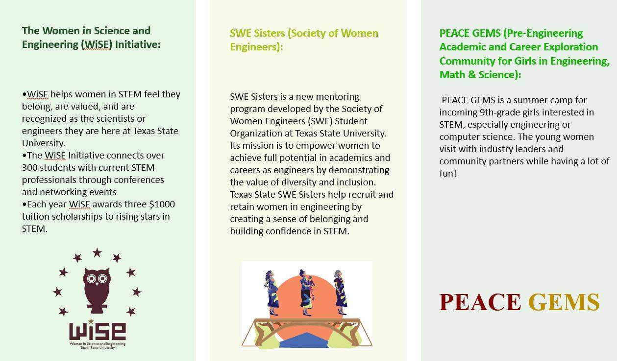 graphic showing three initiatives. women in science and engineering, society of women engineers, and pre-engineering academic and career exploration community for girls in engineers, math and science