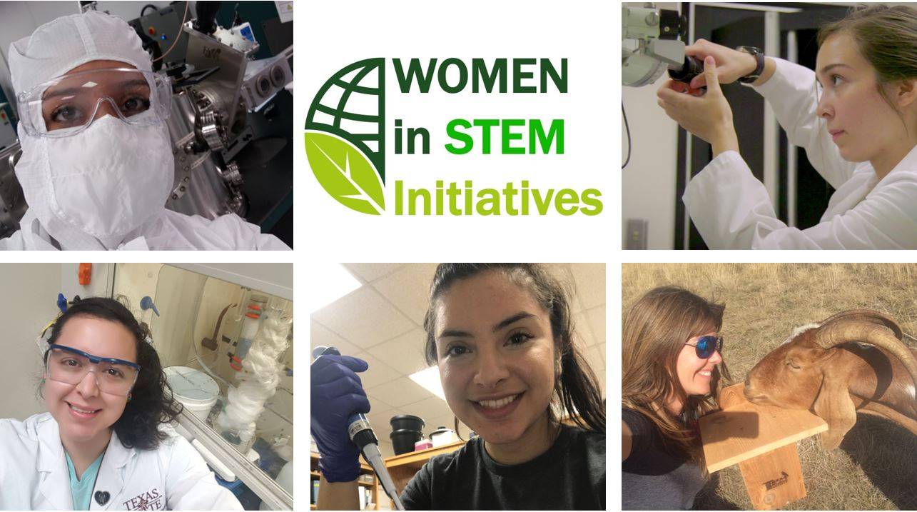 collage of pictures of women engaged in stem activities with words that say women in stem initiatives