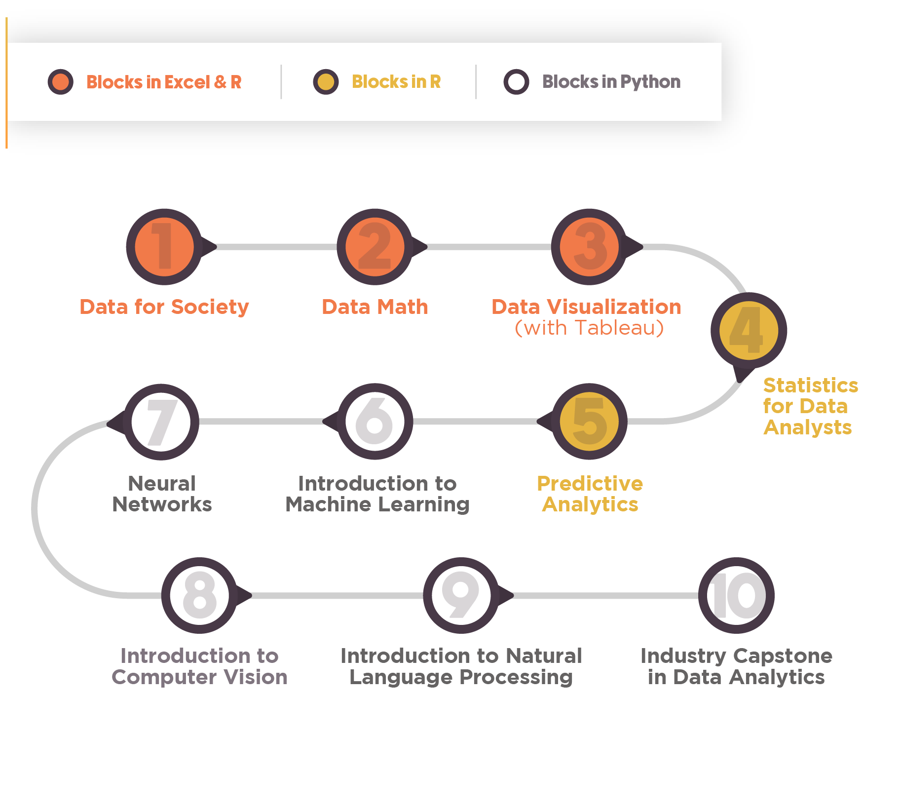 A diagram detailing the course structure of the Data Science Pathways course