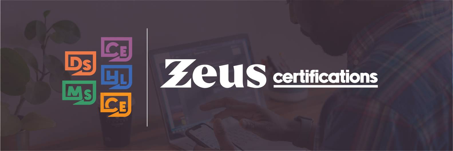 Multiple course icons next to the Zeus logo on a dark background