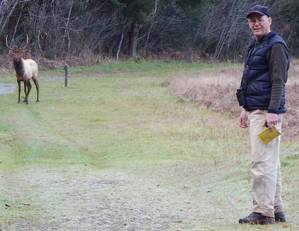 Dr. Butch Weckerly standing near a bull elk