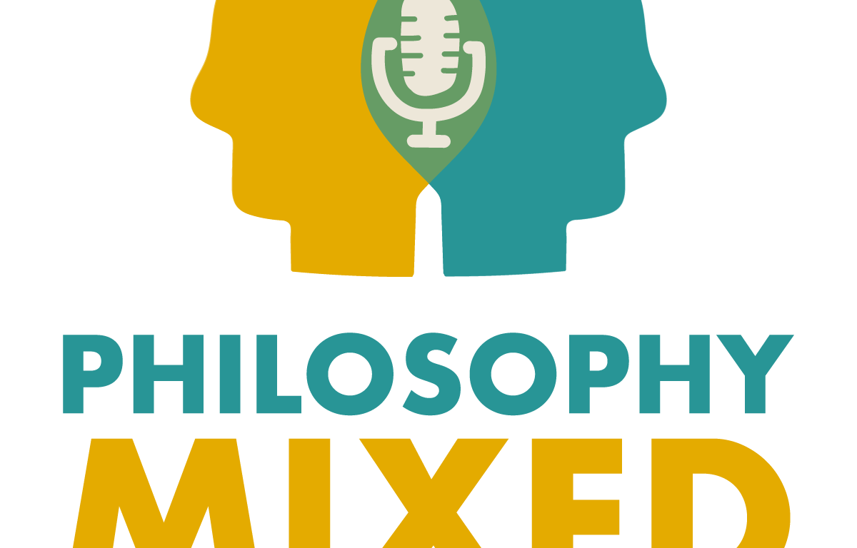 Philosophy Mixed logo - two head silhouettes as a Venn diagram with a microphone in the overlapping area