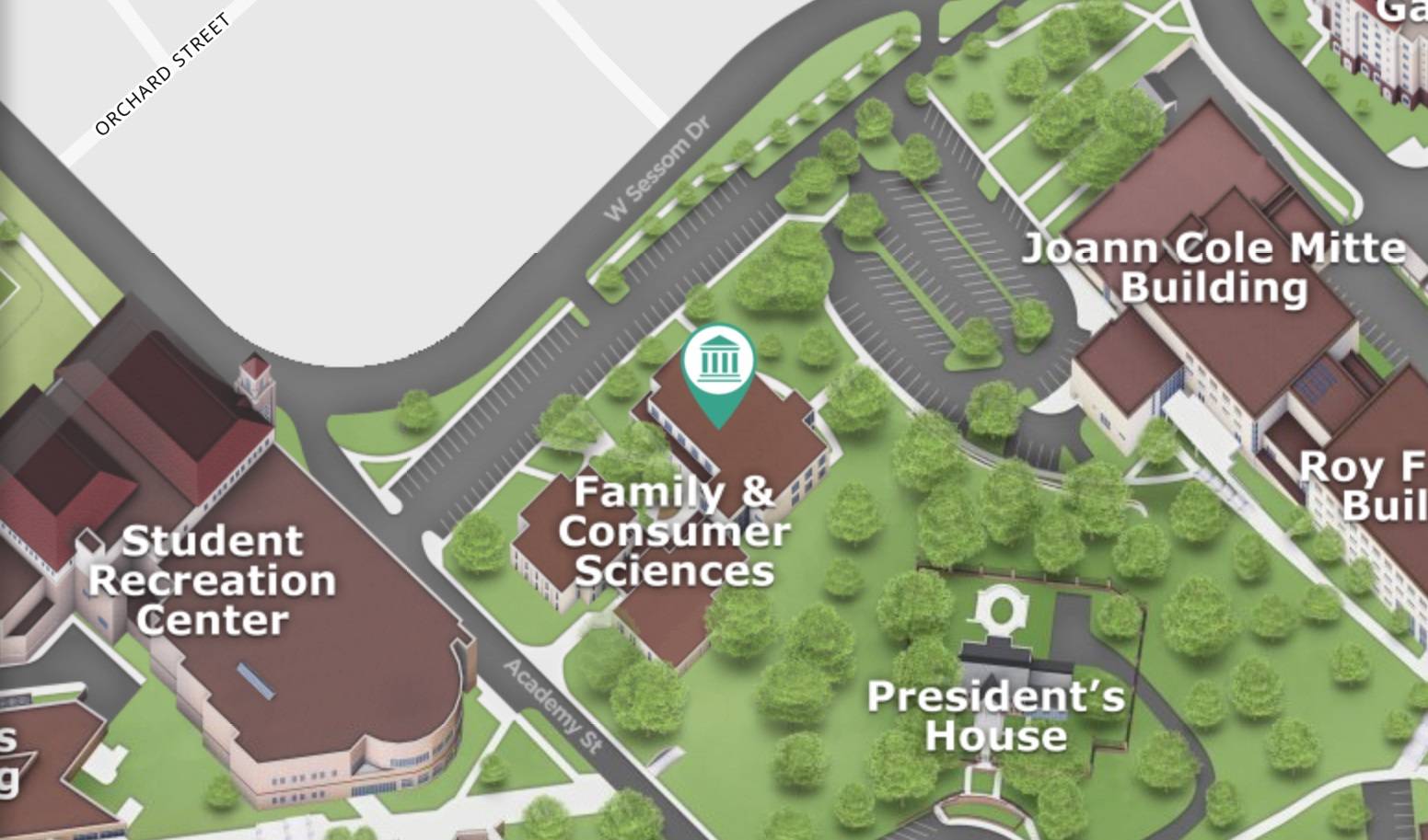a map of the Texas State University campus showing the Family and Consumer Sciences building between the Student Recreation Center, the Joann Cole Mitte building, and the president's house