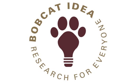 A circular image with light bulb artwork in the middle which is in the shape of a paw print. Around the inner circle reads text "Bobcat IDEA Research for Everyone"
