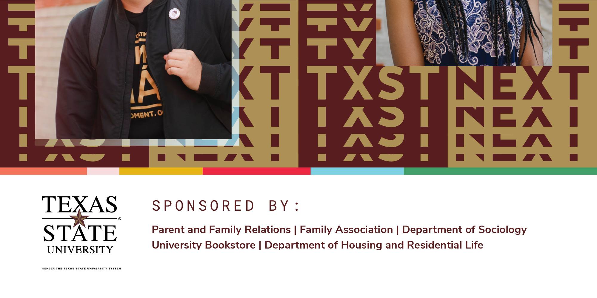 A Texas State University logo next to copy that says "Sponsored by" names of departments