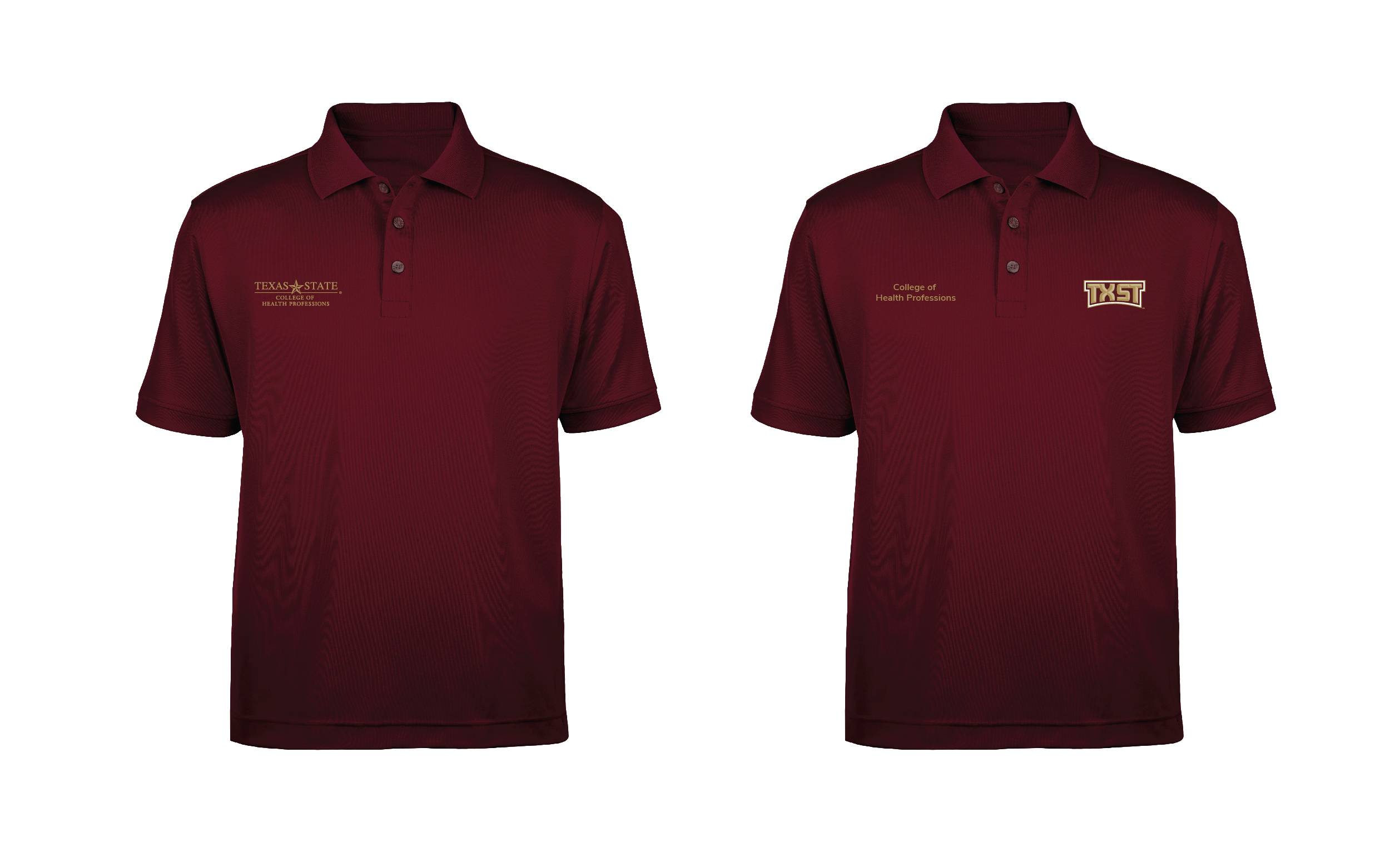 One polo has a College of Health Professions logo on the left side of the shirt. Another polo has a TXST logo on one side with “College of Health Professions” spelled out on the other side.
