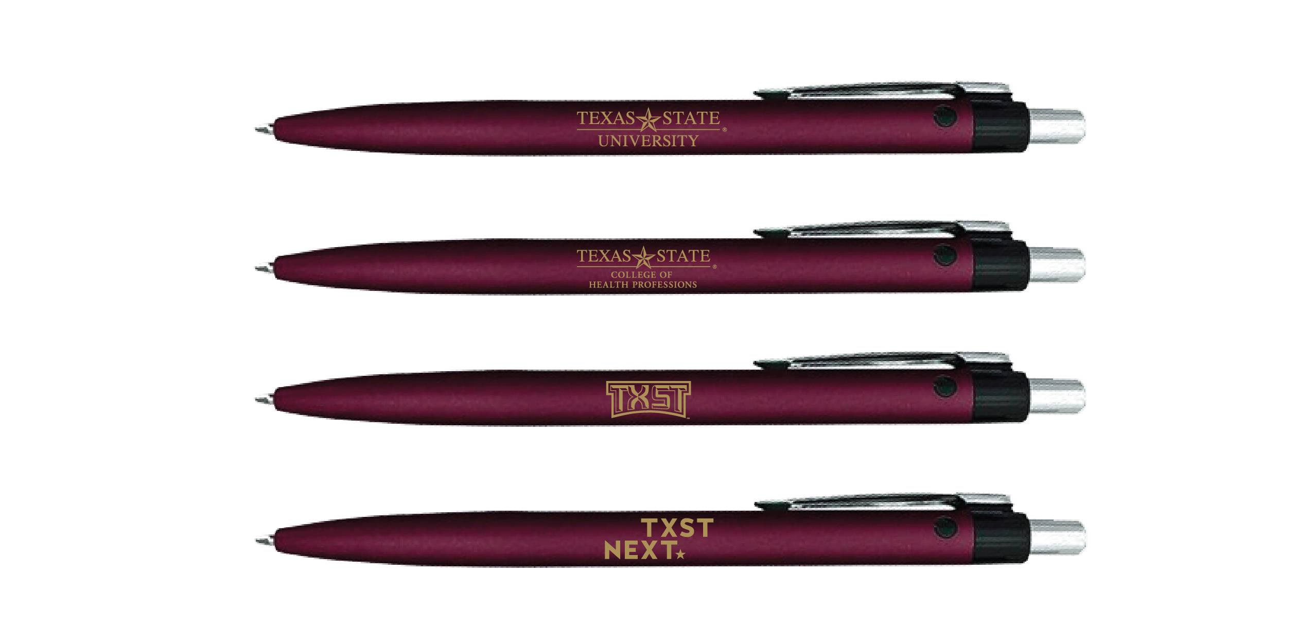 Four pens with the Primary Texas State University logo, an Academic and Administrative logo, the TXST logo, and the TXST NEXT campaign logo.