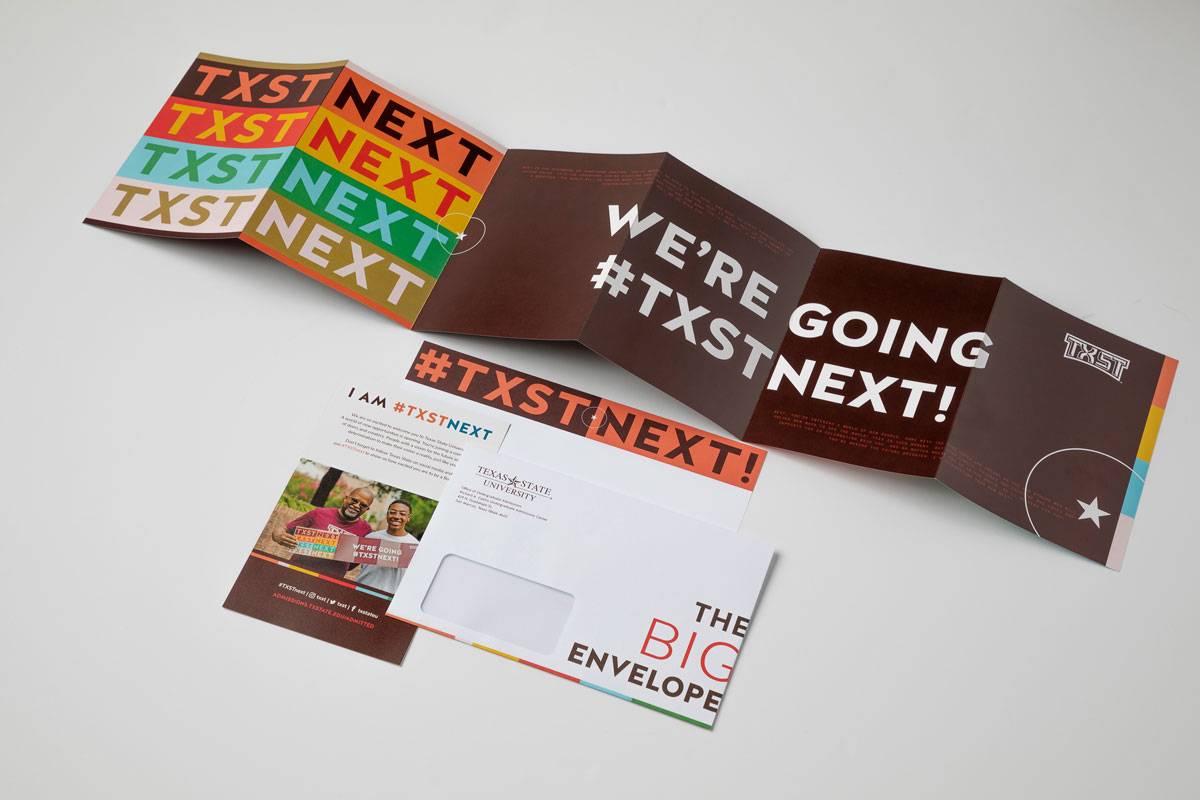 Examples of colorful TXST NEXT admitted student print materials.