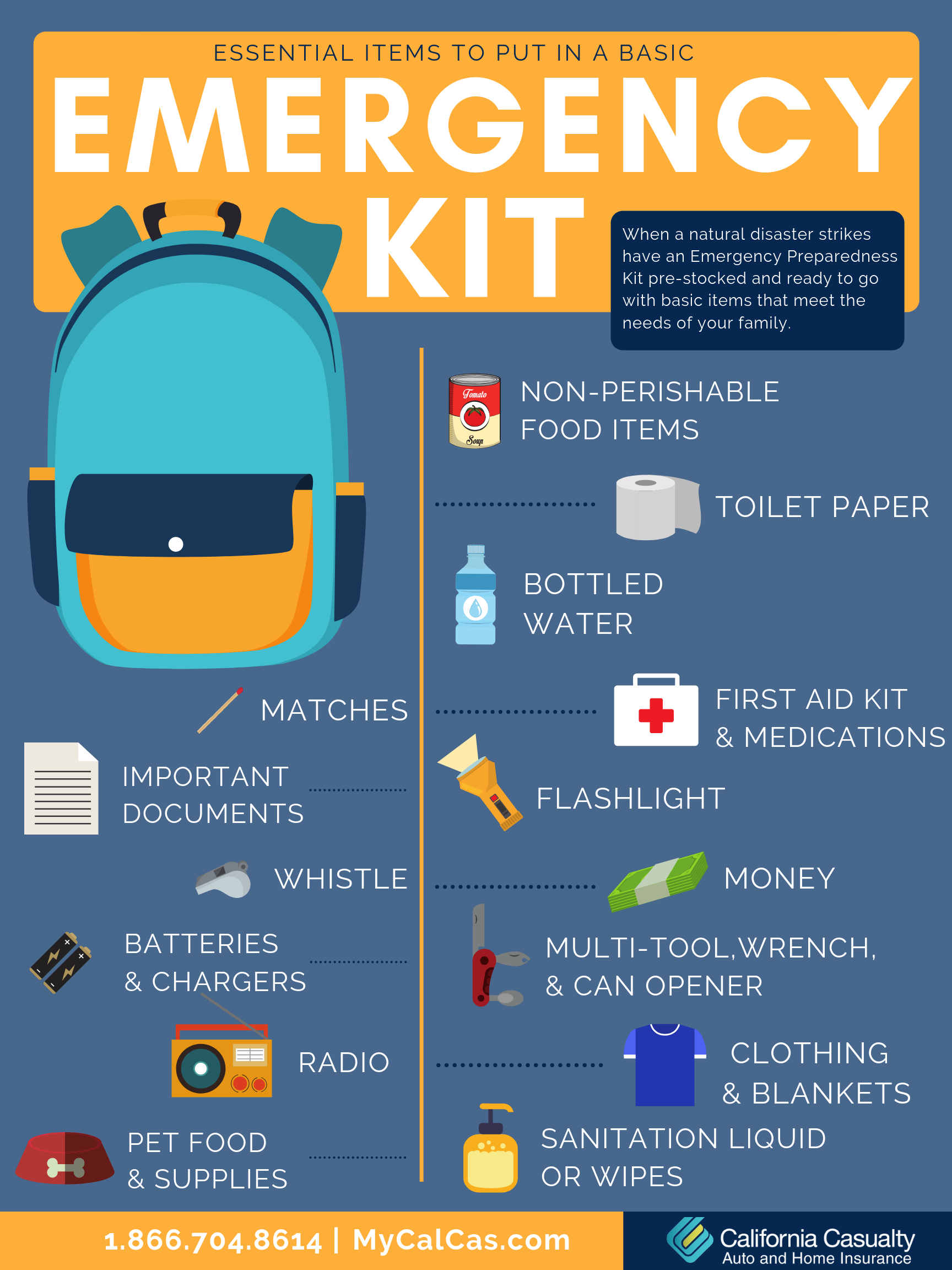 Checklist that shows what items to include in an emergency kit, such as non-perishable food items, toilet paper, bottled water, first aid kit, flashlight, money, multi-tool and can opener, clothing and blankets, sanitation liquid, matches, important documents, whistle, batteries and chargers, radio, and pet food and supplies. 